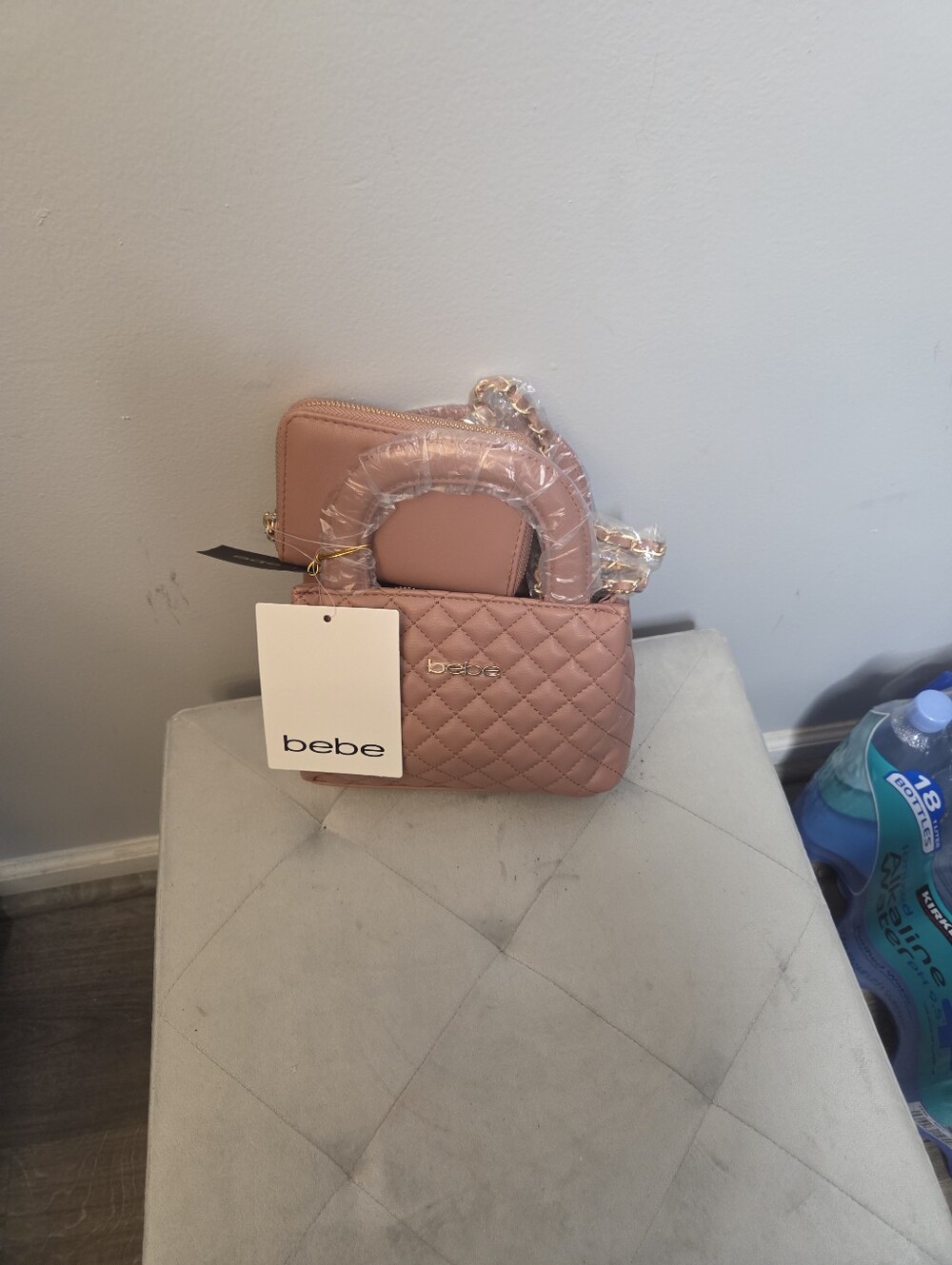 bebe Sofie SM Satchel with Wallet Quilted Blush Mini Tote with Chain Strap